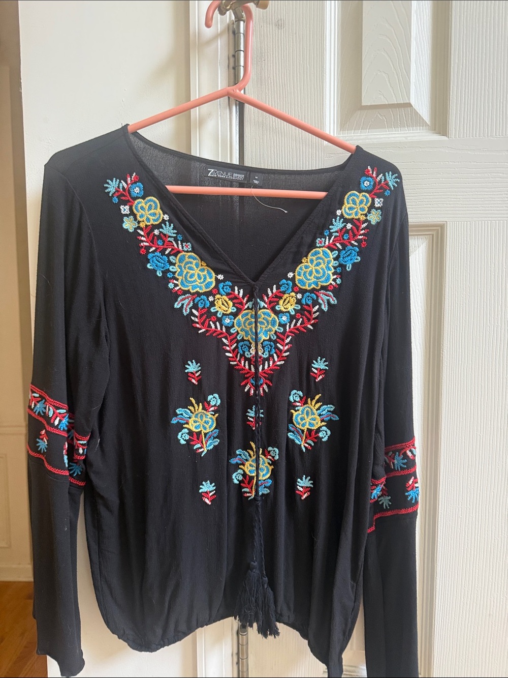 New York & Company Black V-Neck Tunic with Multicolor Floral Embroidery